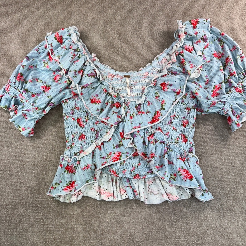 Free People Floral Smocked Ruffle Blouse Blue Gingham Puff Sleeve Top Small